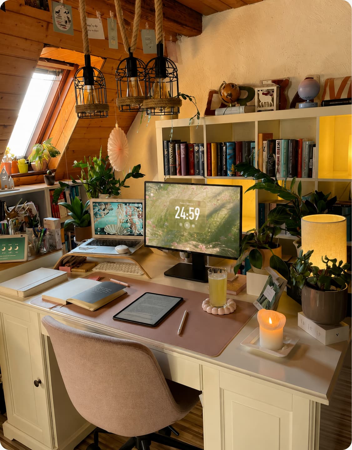 Bright workspace with shelves