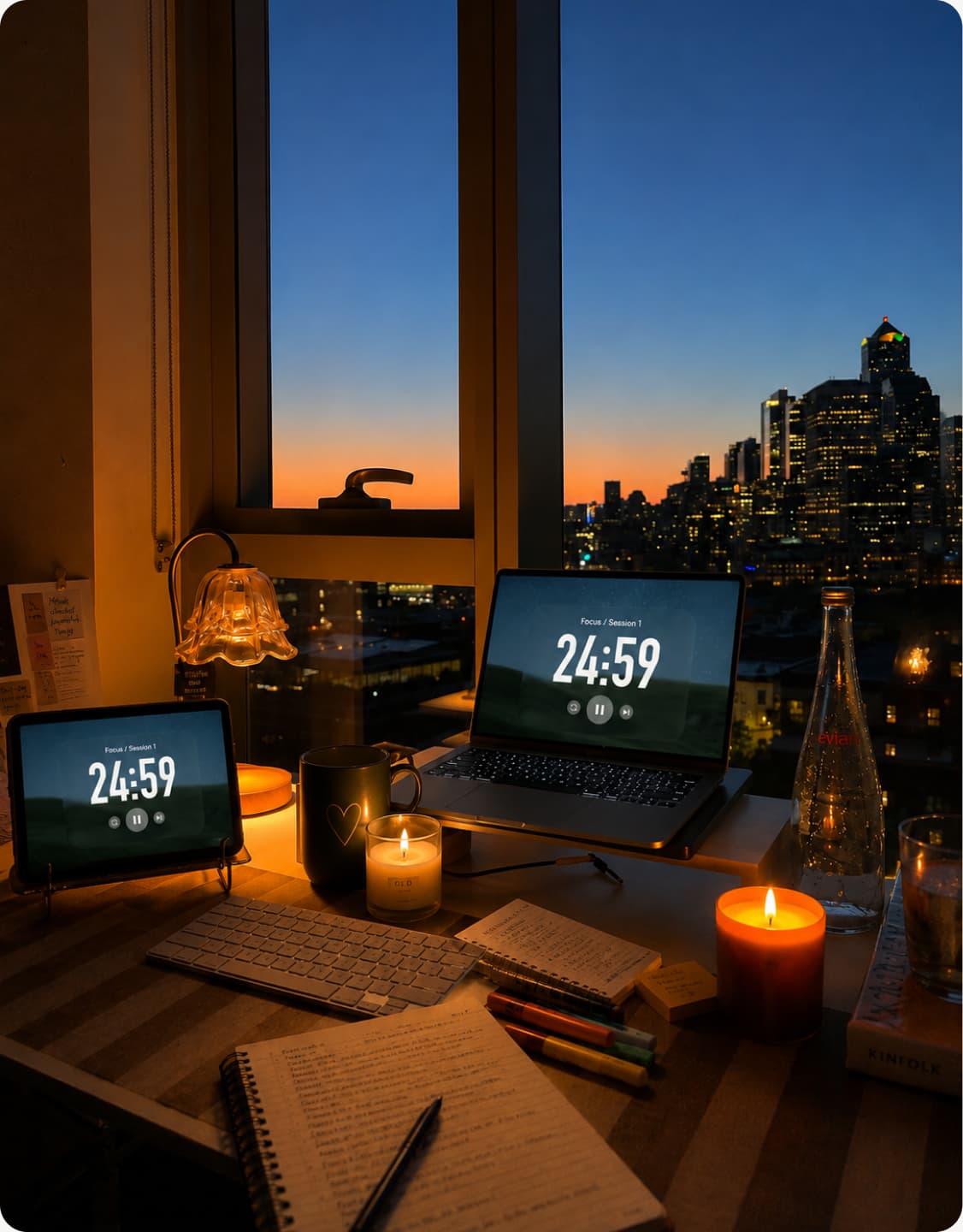 Evening desk with city view