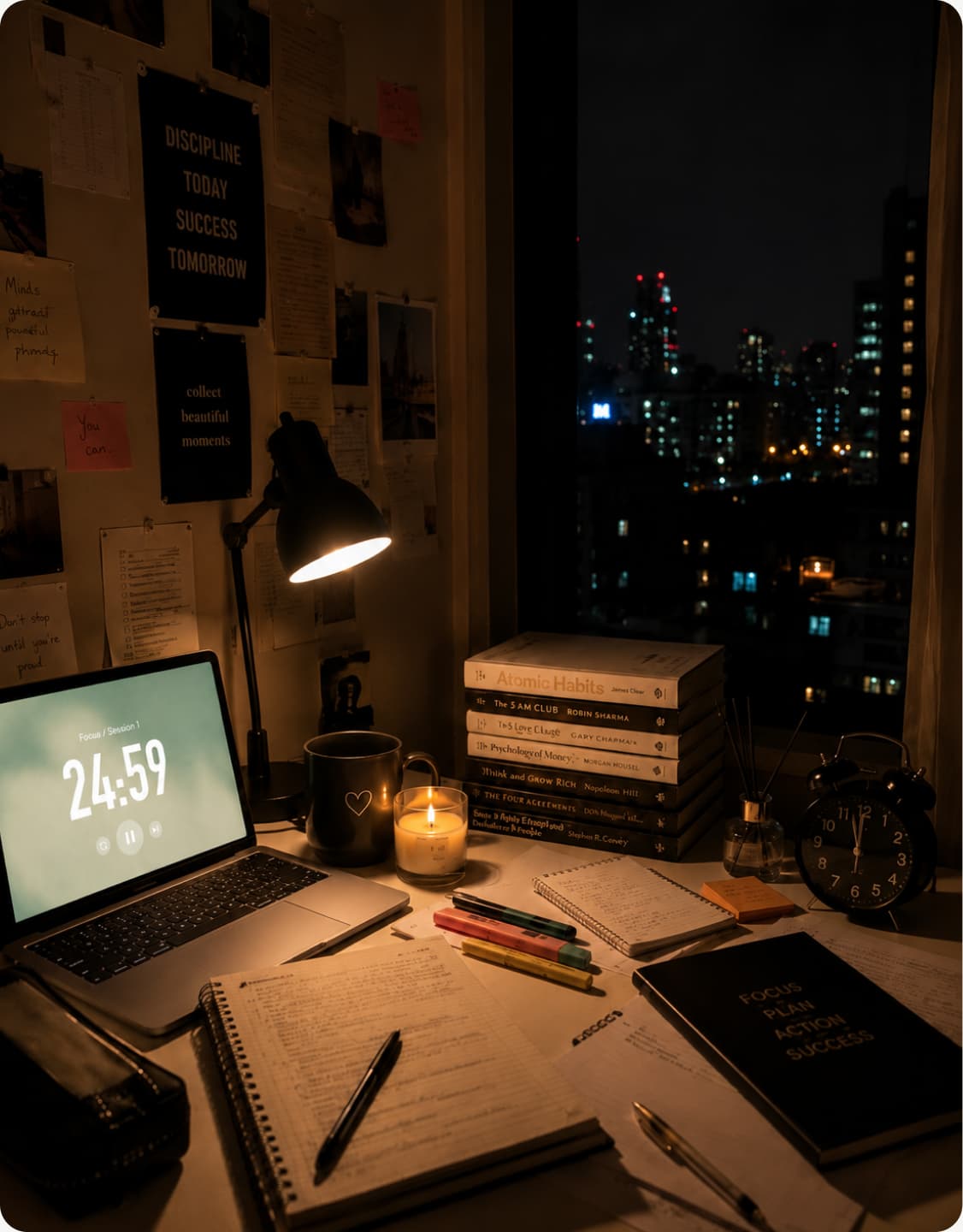 Night workspace with candles